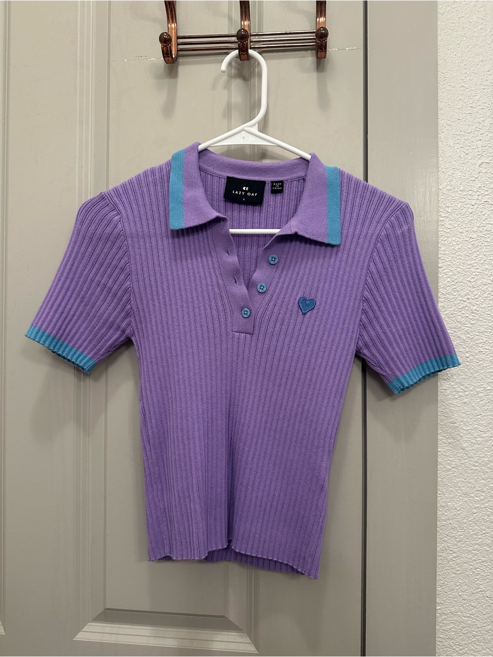 Lazy Oaf Lavender Polo Top with Teal Trim